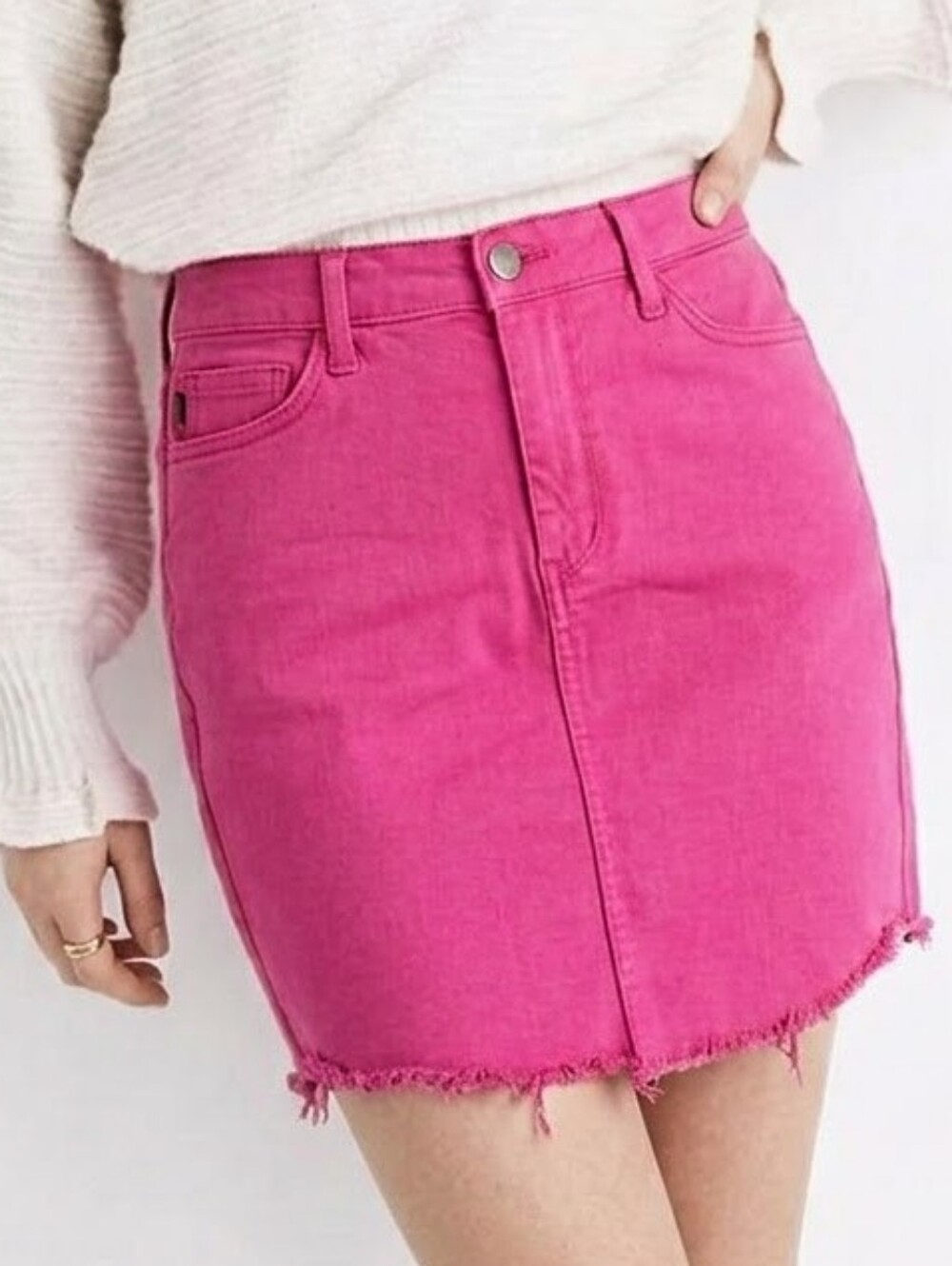 Judy Blue Hot Pink Denim Mini Skirt High Waist Size XL Raw Hem Cotton 5-Pocket